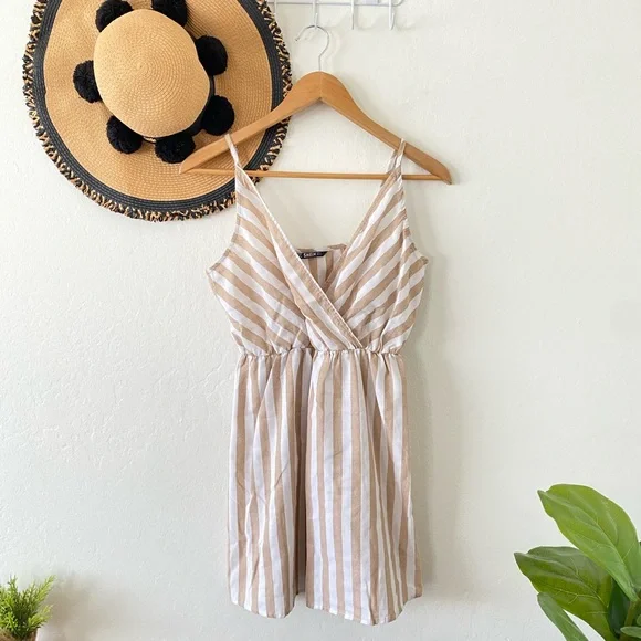 SHEIN | Dresses | Tan White Stripe Surplice Cotton Sundress | Poshmark